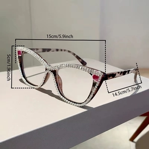 Detailed size chart for cat eye tortoise glasses with sparkling rhinestone inlay