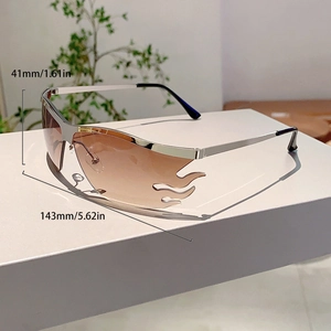 Detailed dimensions of flame-shaped rimless sunglasses with gradient brown lenses