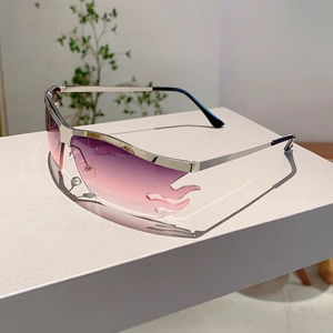Detail of rimless flame shaped sunglasses with purple gradient lenses and silver metal hinges