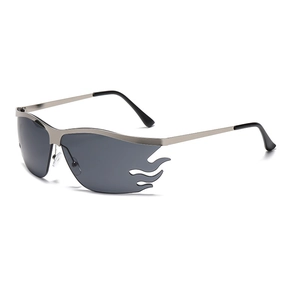 Fashion rimless flame shaped sunglasses with silver metal frame and grey tinted lenses