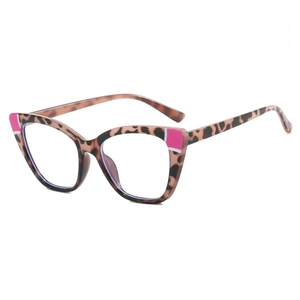 Cat eye glasses with leopard print and pink color blocking displayed at 45-degree angle
