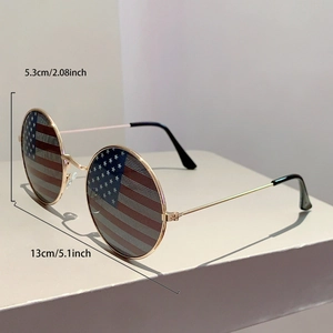 Detailed size view of round metal sunglasses with US flag pattern lenses and dimensions