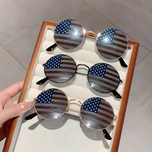 Retro round sunglasses with US flag print lens and thin metal frames in three colors