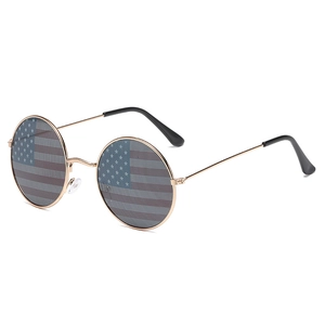 Retro round gold metal sunglasses with American flag pattern mesh lenses for parties