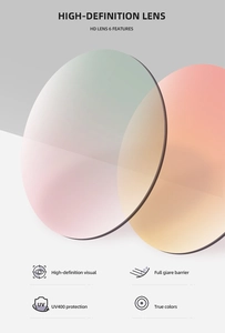 Detail showing HD UV400 lenses with pink and yellow gradient colors for sunglasses