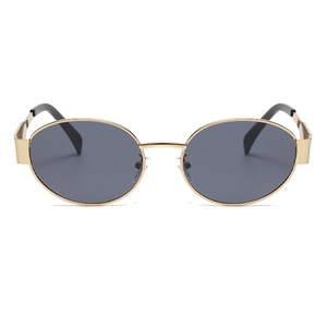 Front view of oval vintage sunglasses with gold metal frames and dark lenses