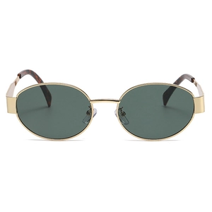 Retro oval sunglasses with gold metal frames and dark green lenses in a classic style