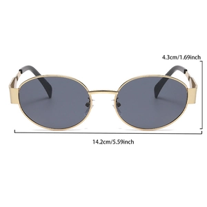 Detail showing dimensions of oval metal frame sunglasses with gray lenses