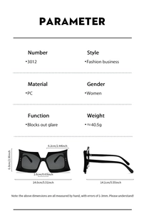 Detailed size chart and specifications for oversized butterfly fashion sunglasses with PC frame