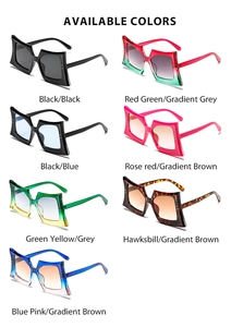 Showcase of oversized square sunglasses in seven vibrant gradient and classic colors