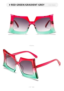 Detailed front and side views of oversized butterfly sunglasses with red green gradient frames