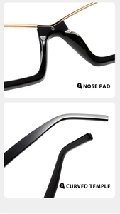 Details der ergonomischen Nasenpads und geschwungenen Bügel der schwarzen Brille