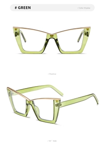 Vorder- und 45-Grad-Seitenansicht der grünen Cat-Eye-Brille mit goldenem Metallbesatz