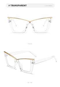 Details einer Cat-Eye-Brille mit transparentem Finish und eleganten goldenen Metallakzenten