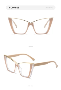 Detail der kaffeebraunen Cat-Eye-Brille mit Goldmetallrand und transparentem Rahmen