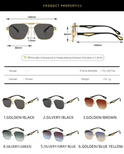Detailed size chart for men's square sunglasses showing frame width and temple length