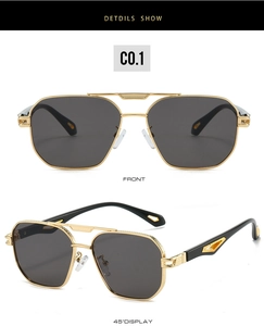 Detail view of gold double-bridge frame and hollow geometric temples on men's sunglasses