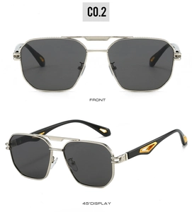 Detail of square silver metal sunglasses with hollow gold temple design and grey lenses