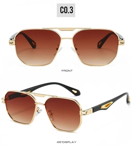 Detail view of gold double-bridge pilot sunglasses with brown gradient lenses and geometric arms
