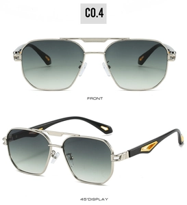 Dual-bridge square metal aviator sunglasses with hollow gold temple details