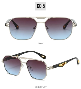 Detail of silver aviator sunglasses with purple gradient lenses and gold hollow temples