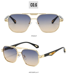 Front and 45-degree angle view of gold aviator sunglasses with blue gradient lenses