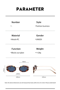 Detailed dimensions of oval tortoiseshell sunglasses with gold metal temples