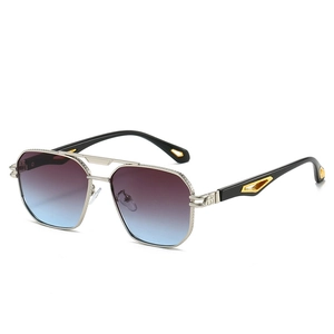 Modern double bridge sunglasses with silver metal frame and purple blue gradient lenses