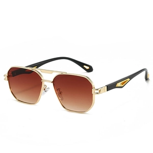 Classic gold double-bridge square frame sunglasses with gradient brown lenses and cut-out legs