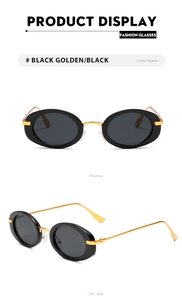 Detailed views of oval retro sunglasses with black frames and golden metal temples