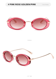 Front and 45-degree side views of retro oval pink sunglasses with rose gold metal temples