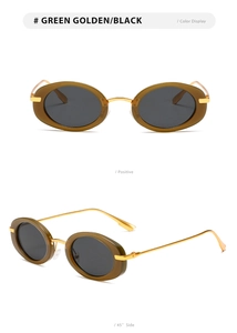 Detail view of oval vintage sunglasses in olive green and gold with black lenses
