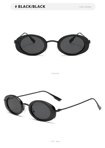 Front and 45-degree side view of retro oval small frame black sunglasses for women