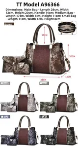 Detailed size chart for vintage textured 3-piece handbag set with dimensions and colors