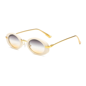 Retro oval sunglasses with cream frame and gold metal temples in a 45-degree view