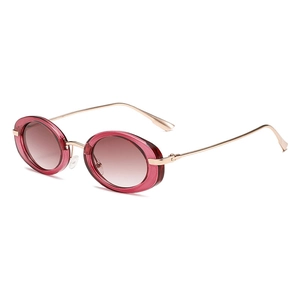Retro oval sunglasses with wine red frames, gold metal temples, and gradient lenses