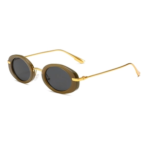 Retro oval sunglasses with olive green translucent frames and slim gold metal temples