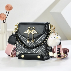 Mini Crossbody Bag For Women Fashion PU Leather Fabric Geometric Pattern Swan Buckle Wide Strap Shoulder Phone Purse