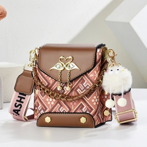 Retro geometric crossbody phone bag with heart swan metal charm and pink wide strap