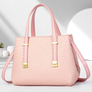 Pale pink woven texture handbag with gold buckles and detachable shoulder strap