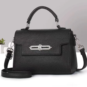 Fashionable black pebbled leather crossbody bag with silver chain lock and top handle