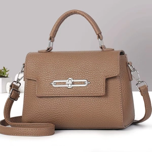 Brown lychee texture leather crossbody bag with silver buckle and top handle