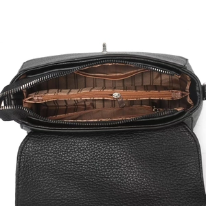 Detailed interior of black pebbled leather crossbody bag with brown striped compartments