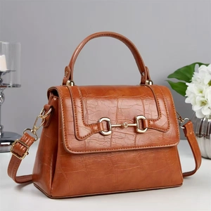 Classic brown crocodile embossed small square handbag with golden horsebit buckle hardware