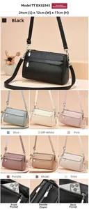 Detail view of multi-compartment shoulder bag with zip pockets and textured faux leather