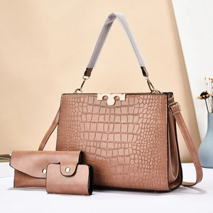 Brown 3-piece set of crocodile pattern tote bag, wallet and small pouch for women