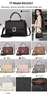 Litchi pattern leather bag detail showing dimensions 23x9x16cm and 8 color options