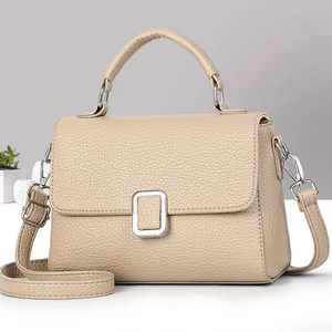 Detail of beige lychee pattern faux leather handbag with silver hardware and strap