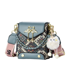 Mini crossbody bag with vintage ethnic pattern, golden swan buckle and pink strap