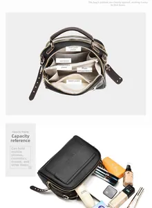 Detail view of the black lychee leather bag interior with multi-compartment storage
